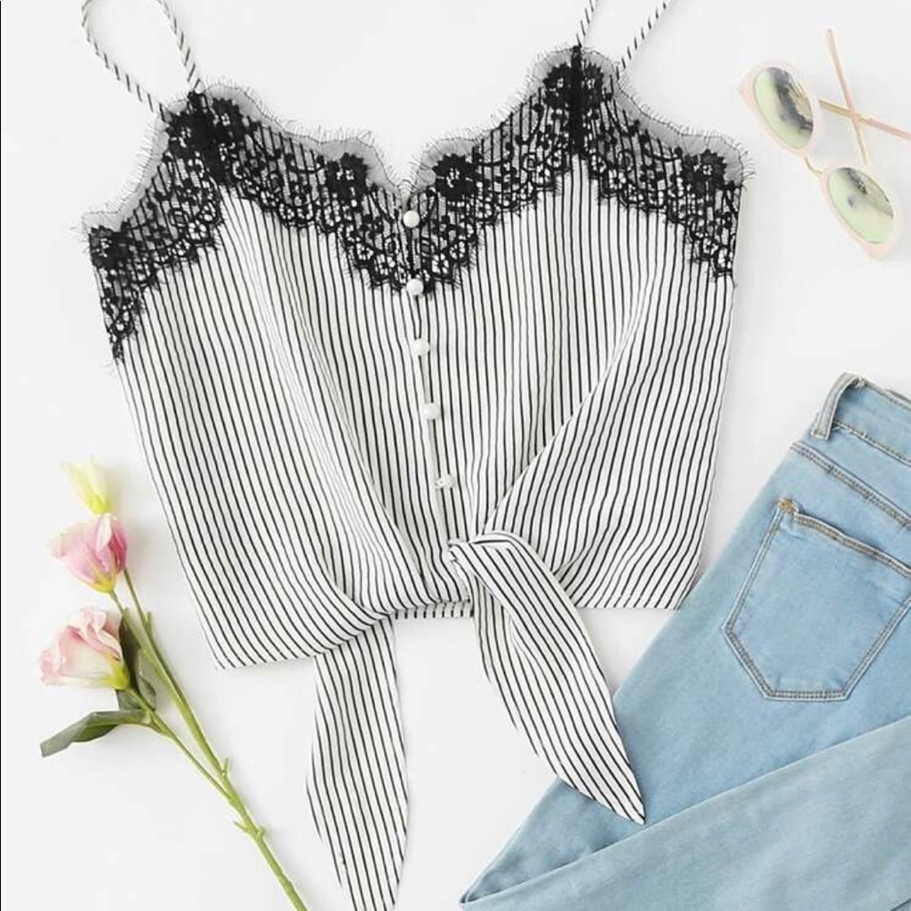 🌿3 for $20 Lace Striped Cami Top w/ Knot
